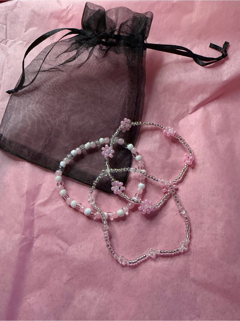Pink Beaded Flower Bracelet Set - Women Jewelry